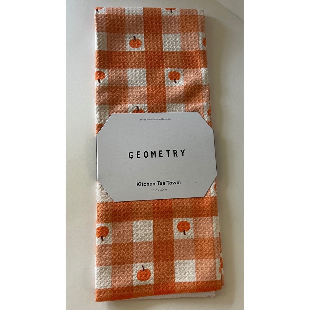 Geometry Kitchen Tea Towel Pumpkin Plaid Orange White 18 x 30" NIP